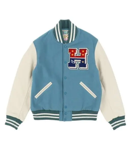Veste universitaire noire pour homme avec manches crème, logo brodé, style preppy, en laine et polyester, col rabattu - Product Image 3