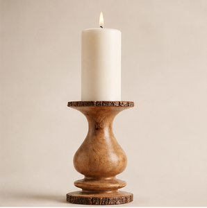 Rustic Wooden Candle Holder With Natural Bark Edge Hand-Carved Turned Wood Pillar Candle Stand For Farmhouse Table Centerpiece - Product Image 5