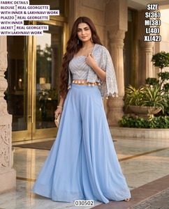Conjunto de Blusa Amarilla de Georgette Bordada con Dupatta Bhandhani y Chaqueta Palazzo Larga - Secado Rápido y Protección Solar para Mujer - Product Image 2
