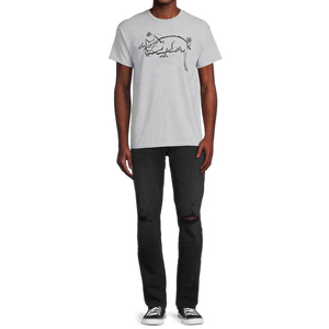 เสื้อยืดแขนสั้นสีเทาสำหรับผู้ชาย พิมพ์ลายการ์ตูนแมว ทรงปกติ คอกลม สไตล์ลำลอง ผ้าเจอร์ซีย์ - Product Image 1