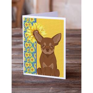 Summer Sunflowers Chocolate Tan Chihuahua Cartes de vœux Pack de 8 cartes vierges avec enveloppes A7 Taille 5x7 Design fantaisiste - Product Image 2