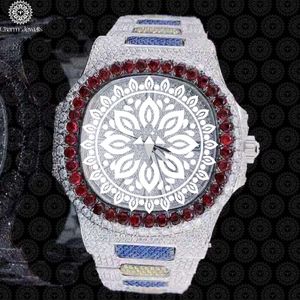 Charm Jewells Luxury Stainless Steel Watch 40mm Case <b>Red</b> Gemstone Bezel Analog Mechanical Movement Men's Fashion Glass Hip Hop - Product Image 1