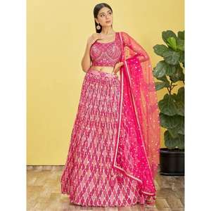 Adorable Rosa bordado trabajo Chinon boda Lehenga Choli elegantes vestidos de noche - Product Image 6