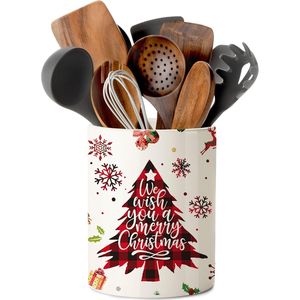 Portautensili in Ceramica a Forma di Albero di Natale Rosso, Decorazione Rustica per Cucina con Supporto e Accessori - Product Image 1