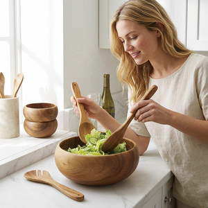 Bol de service décoratif pour salade et fruits, en bois d'acacia, forme personnalisée, fait main, poli, design moderne et luxueux, écologique, passe au lave-vaisselle - Product Image 1