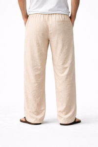 Pantalon de plage pour homme en toile beige, grande taille, style preppy, avec cordon de serrage, léger, coupe ample, taille élastique, pour l'automne - Product Image 3
