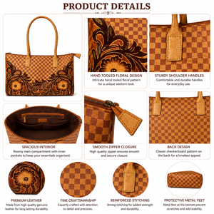 Sac fourre-tout en cuir de qualité supérieure, fait main, avec motif floral en relief, grande capacité, sac de voyage et de travail tendance - Product Image 4