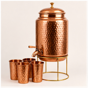 Distributeur d'eau artisanal en cuivre pur avec support et 4 verres, réservoir Matka en cuivre martelé ayurvédique pour la maison et le bureau - Product Image 5