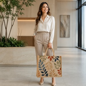 Sac fourre-tout en jute à imprimé feuilles avec poignée en corde, réutilisable pour les courses et l'usage quotidien, option de logo personnalisé, prêt pour la promotion - Product Image 1