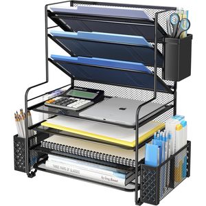 Organizzatore da scrivania a 7 livelli con vassoio portadocumenti, cestino sospeso in metallo e portapenne nero - Organizzatore di carta da ufficio di qualità - Product Image 1