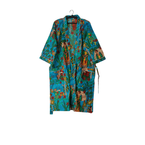Robe kimono en coton tissé à la main pour femme, imprimé floral, col en V, longue, avec ceinture, peignoir, vêtements de détente, vêtements de nuit avec poches - Product Image 1