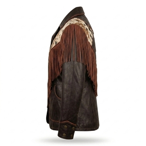 Asymmetric Diagonal Panel <b>Womens</b> Western <b>Leather</b> <b>Jacket</b> Lapel Collar Cowhide Hair On Hide <b>Brown</b> Fringe Country Outerwear - Product Image 4