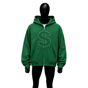 Sudadera con capucha verde extragrande con cremallera y logo de signo de dólar, diseño gráfico personalizado de streetwear, unisex, informal, a la moda. - Product Image 1