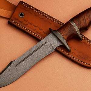 Cuchillo de caza de acero de Damasco con punta de clip y mango de madera, hoja recta de grado industrial para uso en exteriores, Short Sign Industry - Product Image 3