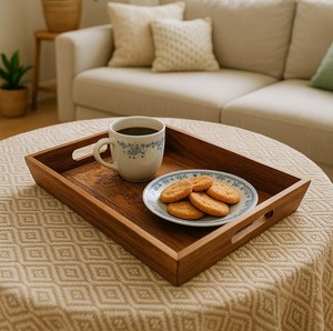 Bandeja de Madera de Acacia Sólida Hecha a Mano, Bandeja de Servicio para Mesa de Café y Otomana, Accesorio de Cocina Duradero y Decoración para el Hogar - Product Image 1