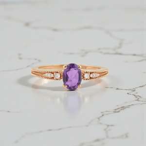 Bague de fiançailles ovale en améthyste, plaqué or rose 14 carats, pierre précieuse violette vintage, cadeau pierre de naissance de février - Product Image 1