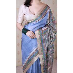 Sari en soie Tussar imprimé Madhubani Elite Weaves avec bordure tissée en zari, gris poussiéreux, robe de soirée, 450g - Product Image 5