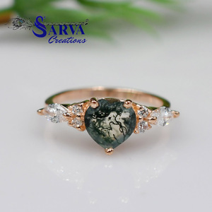 Natural Moss Agate Heart Shape <b>Ring</b> 925 Sterling <b>Silver</b> Gold Plated Gemstone <b>Ring</b> <b>Cubic</b> <b>Zirconia</b> Accents Romantic EngagementRing - Product Image 4