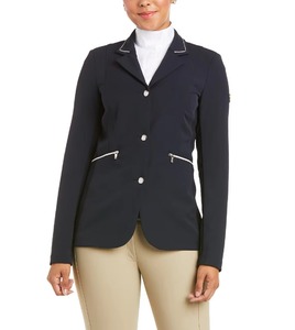 Chaqueta de Equitación Personalizada para Mujer, Color Azul Marino, con Bolsillos con Cremallera y Ribete Blanco, para Competencia, OEM - Product Image 1