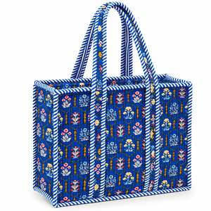 <b>Blue</b> Floral <b>Canvas</b> Tote Bag Candy Stripe Trim Bohemian Style Open Top Shopping Bag All Seasons - Product Image 1