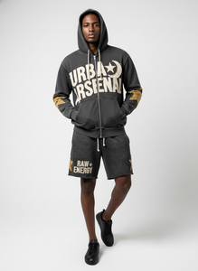 Custom Men's Red Vintage Washed Breathable Winter Patch Zip Hoodie Shorts <b>Set</b> Heavyweight Cotton Streetwear OEM Private Label - Product Image 3