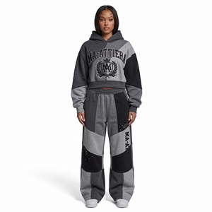 Womens <b>Charcoal</b> Gray Black Patchwork Hoodie Tracksuit Set Rhinestone Graphic Wide Leg Pants Custom Streetwear Trend - Product Image 1