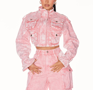 Custom ODM Women's Acid Wash <b>Denim</b> Crop Cargo <b>Jacket</b> Stand Collar Multi Pocket Button Front <b>Cropped</b> <b>Denim</b> Cargo Coat - Product Image 1