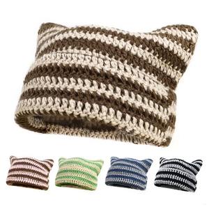 Gorro de Punto con Orejas de Gato, Gorro de Invierno Cálido a Rayas, Gorro de Ganchillo Unisex para Esquí, Uso Diario Informal, 100% Acrílico - Product Image 2