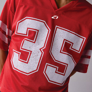 Mens Red American Football Jersey V Neck Short Sleeve Mesh Tackle <b>Twill</b> Number 35 Breathable Regular Fit Adult Sports Team Appar - Product Image 6