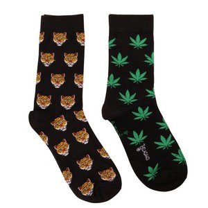 <b>Black</b> Crew <b>Socks</b> With Leopard Faces And Green Leaf Pattern Digital Print Breathable Men's Summer <b>Socks</b> Custom Design <b>Socks</b> - Product Image 1