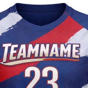 Maillot de football personnalisé pour femmes, bleu, rouge et blanc, design brossé, manches courtes, respirant, séchage rapide, uniforme d'équipe de football pour filles - Product Image 5