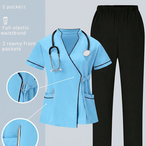 Ensemble de blouses médicales professionnelles unisexes style USA, 95 % polyester tissé, design enveloppant, manches courtes, uniforme d'infirmière contrastant pour hôpital - Product Image 2