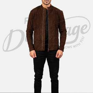 Veste en cuir suédé marron foncé pour homme, coupe ajustée, en véritable peau de mouton, automne-hiver, style décontracté, col bandoulière, fermeture éclair, vêtement d'extérieur - Product Image 5