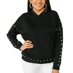 <b>Womens</b> <b>Black</b> Pearl Embellished Hoodie Custom Rhinestone Studded Pullover Sweatshirt Streetwear OEM Manufacturer - Product Image 1