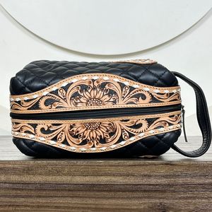 Nueva moda personalizada a mano de cuero acolchado Almacenamiento de cosméticos moda duradera cuero genuino viaje neceser bolsas de maquillaje - Product Image 5