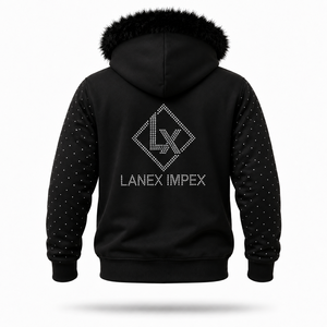 เสื้อฮู้ดดี้แบบยูนิเซ็กซ์ประดับเพชรเทียม ผ้าฝ้าย 100% พิมพ์ลายสีดำ ซิปดำ ฮู้ดขนเฟอร์ แขนเสื้อประดับหมุด มีกระเป๋า แฟชั่นสตรีทแวร์ - Product Image 3