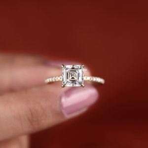 Asscher Cut Lab Grown Diamond Solitaire Engagement Ring with Pave Band 14K Gold <b>Bridal</b> Wedding Ring Wholesale - Product Image 6