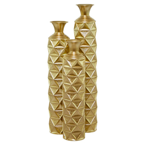 Modern Luxury Gold Metal Floor <b>Vase</b> <b>Set</b> of <b>3</b> Large Geometric Tall Decorative <b>Vases</b> with 3D Triangle Pattern for Living Room - Product Image 1