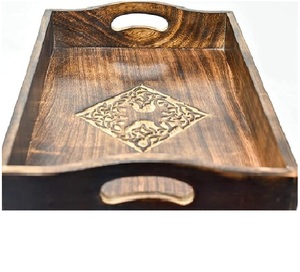 Rectangular wooden <b>tray</b> with handles carved design glossy finish serving platter <b>breakfast</b> <b>tray</b> decorative handmade wooden - Product Image 1