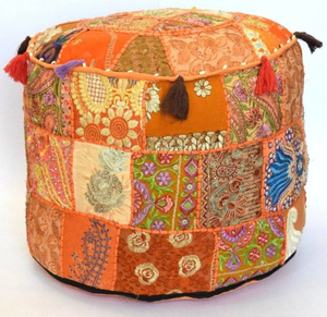 Round Bohemian Patchwork <b>Pouf</b> Handcrafted Fabric Ottoman Orange Multicolor Design Living Room Decor - Product Image 3