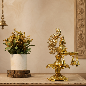 Handcrafted Golden Metal Peacock Oil <b>Lamp</b> Diya Hanging Bells Traditional Indian Handicraft Temple Tabletop Home Decor - Product Image 2