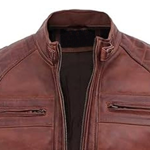 Chaqueta de Motociclista de Cuero Genuino para Hombre, Cuello Alto, Cierre de Cremallera Frontal, Corte Ajustado, para Otoño, Color Marrón - Product Image 6