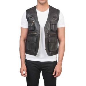 Gilet en cuir noir classique vintage, vêtement de travail durable pour activités de plein air, mode et usage quotidien, technique de teinture unie 2026 - Product Image 1