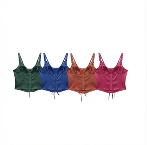 Haut court en satin décontracté pour femme, style corset, sans manches, sexy, bustier, camisole à bretelles réglables, dos en dentelle, pour soirée, club, mode estivale - Product Image 2