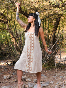 Vestido maxi de algodón Khadi con estampado a mano, vestido de verano sin mangas estilo bohemio, escote pronunciado favorecedor, vestido de tela Khadi tejido a mano. - Product Image 5