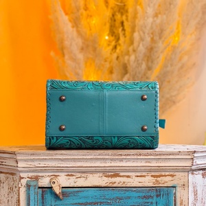 Sky Blue Color 100% Genuine <b>Leather</b> Mini Size Speedy Duffle Bag With <b>Tooled</b> Floral Carved Vintage Overnight Weekender Travel Bag - Product Image 2