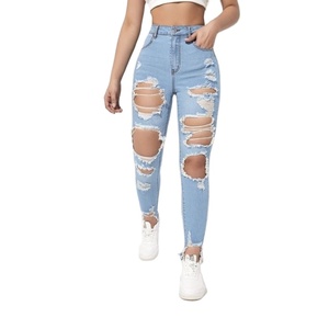 Precio al por mayor, pantalones vaqueros de talla grande para mujer, pantalones vaqueros ajustados desgastados, diseño rasgado, pantalones vaqueros ajustados transpirables para estilo informal y sexy - Product Image 5