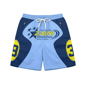 Premium 140 GSM Polyester Windbreaker <b>Shorts</b> Light Blue Navy <b>Yellow</b> Curved Panel Sublimation Custom Logo - Product Image 1