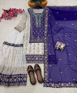 Women Designer Salwar Kameez Set Blue White Embroidered Silk Traditional Ethnic Wear <b>Floor</b> Length Wedding Outfit 83869 LC 1460 - Product Image 3