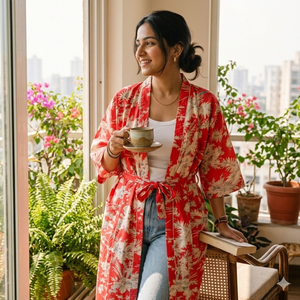 ชุดกิโมโนผ้าฝ้ายลายดอกสีแดง คอวี แขนยาว มีกระเป๋าผูกเชือก ชุดนอนสำหรับผู้หญิง ชุดลำลองพรีเมียม Maria Garments - Product Image 3